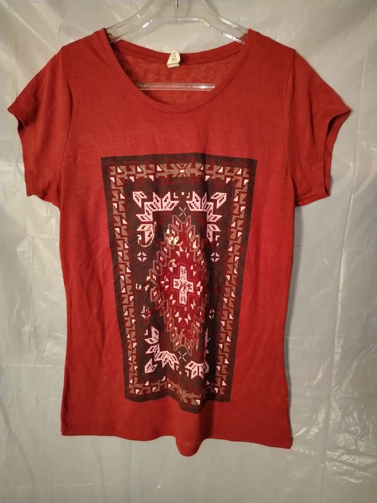 News Denim Boho Print Rust Red Top