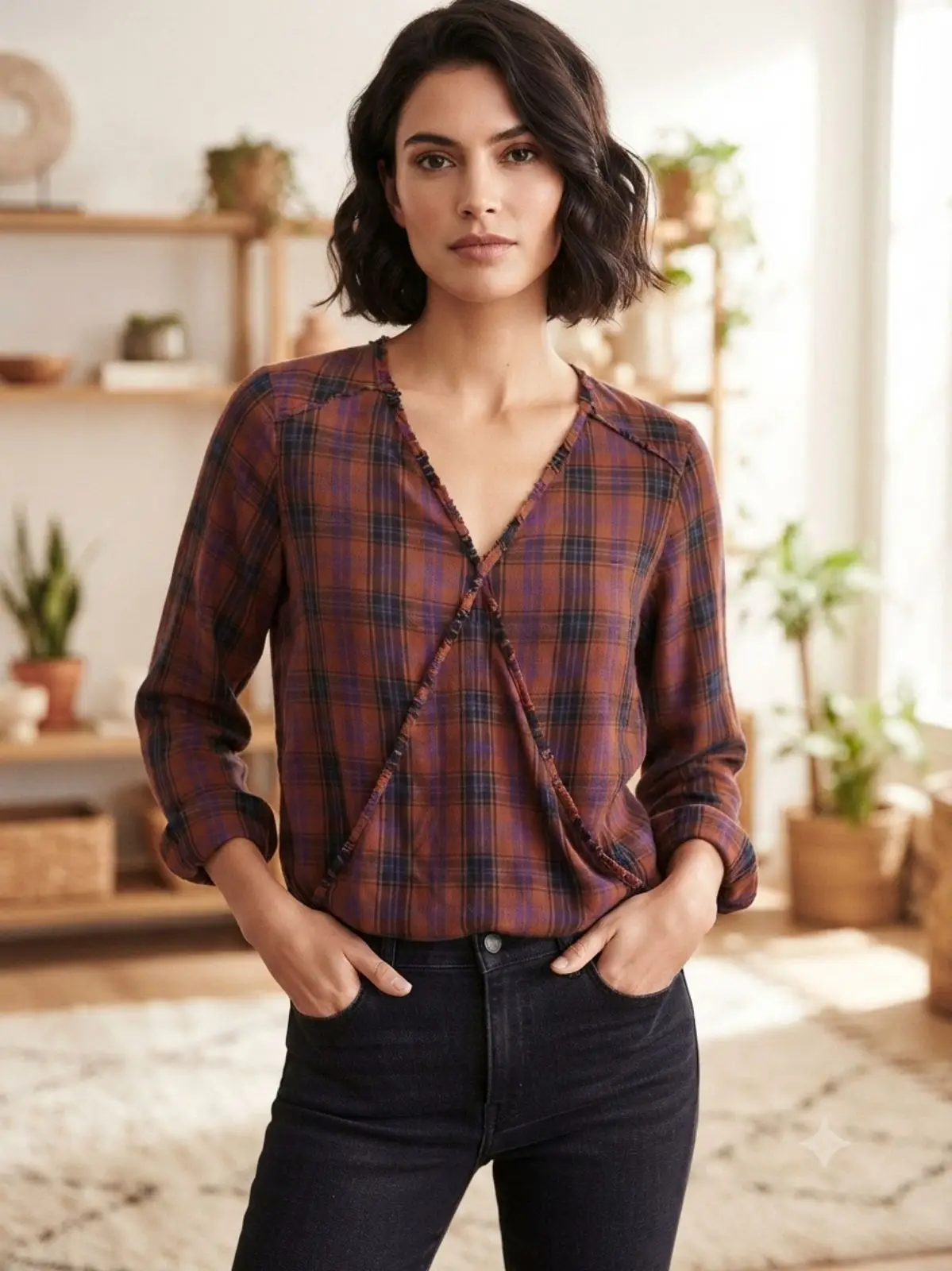 Woolworths Plaid Wrap Long-Sleeve Top