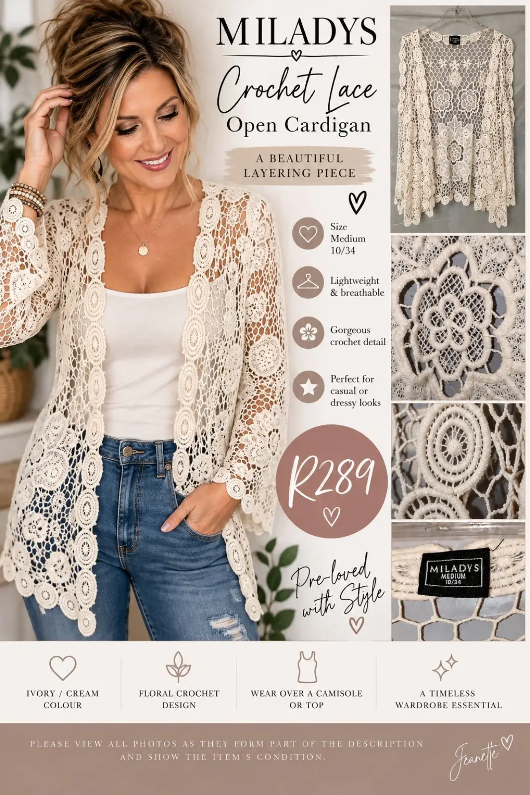 Truworths Miladys Crochet Lace Open Cardigan Ivory Medium