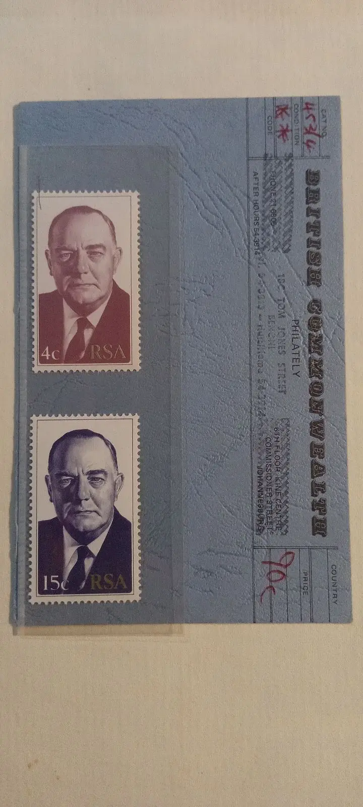 RSA B.J. Vorster Postage Stamps Pair on Philately Card