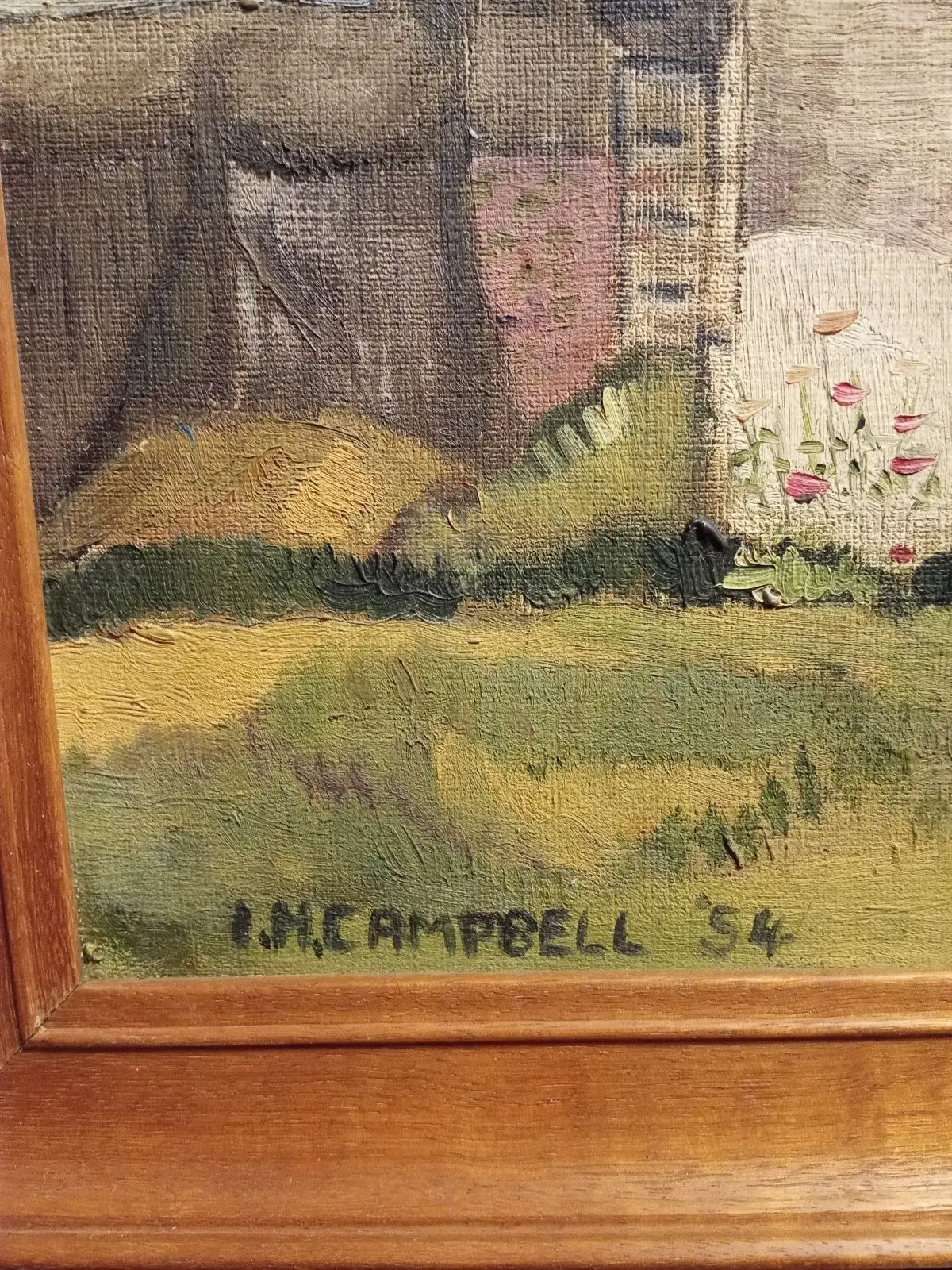 Vintage Framed Cottage Oil Painting Signed I.M. Campbell 1954