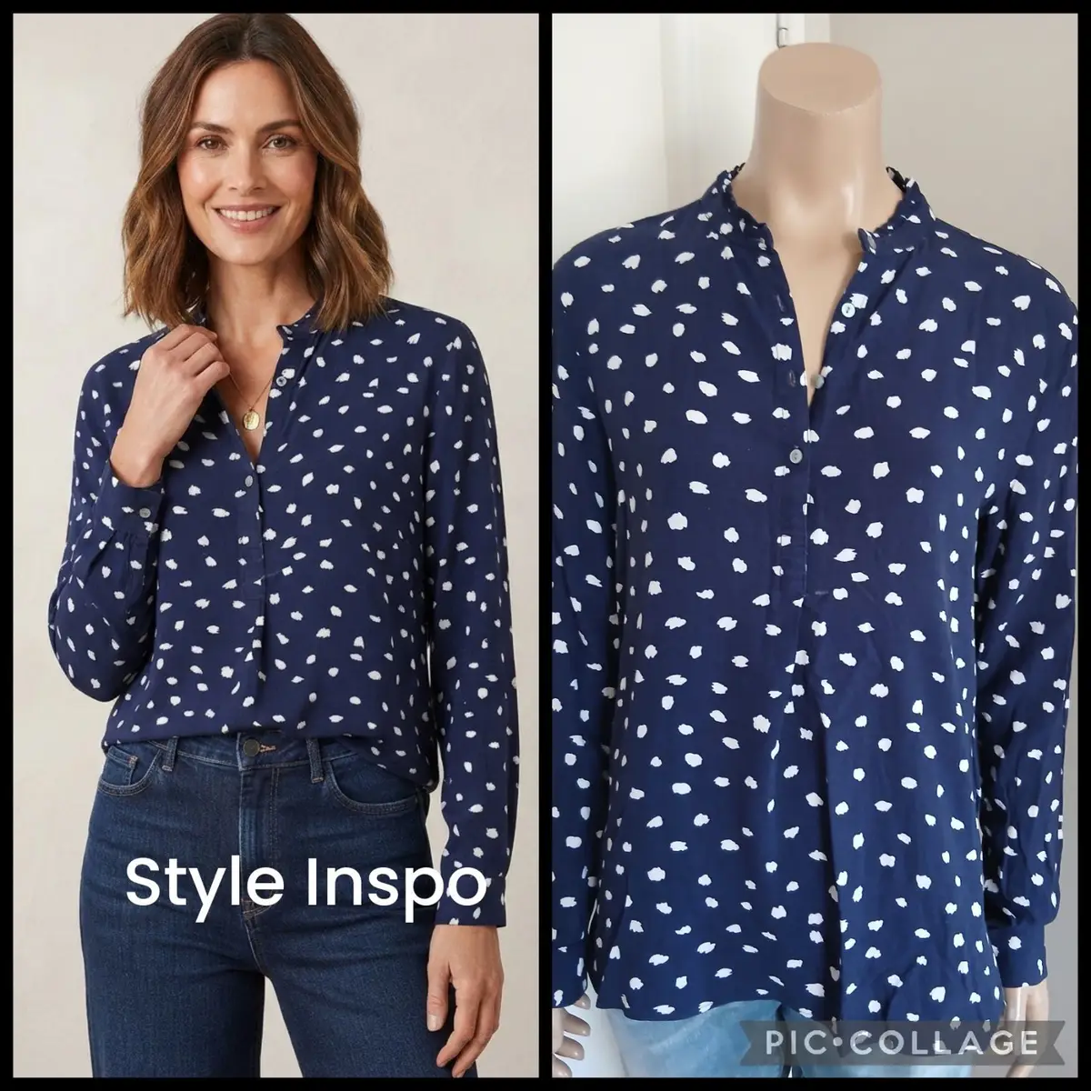 Old Khaki Navy Blue Print Long Sleeve Blouse Size 10