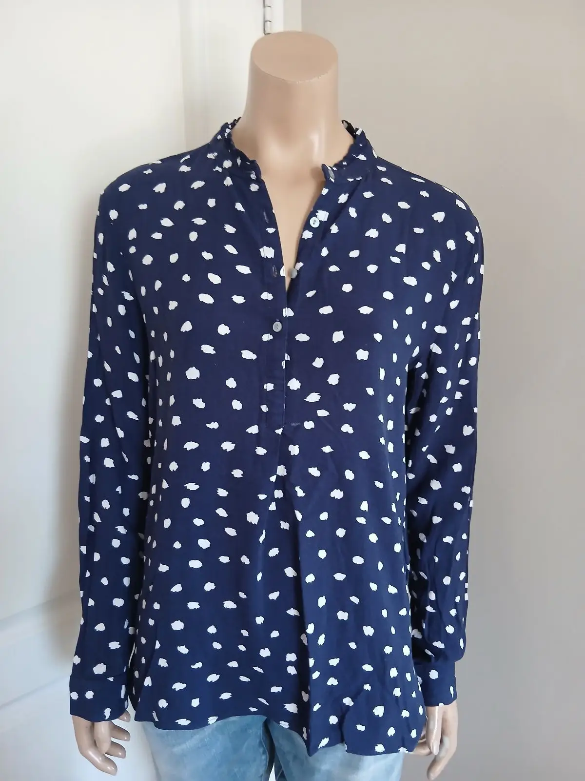 Old Khaki Navy Blue Print Long Sleeve Blouse Size 10