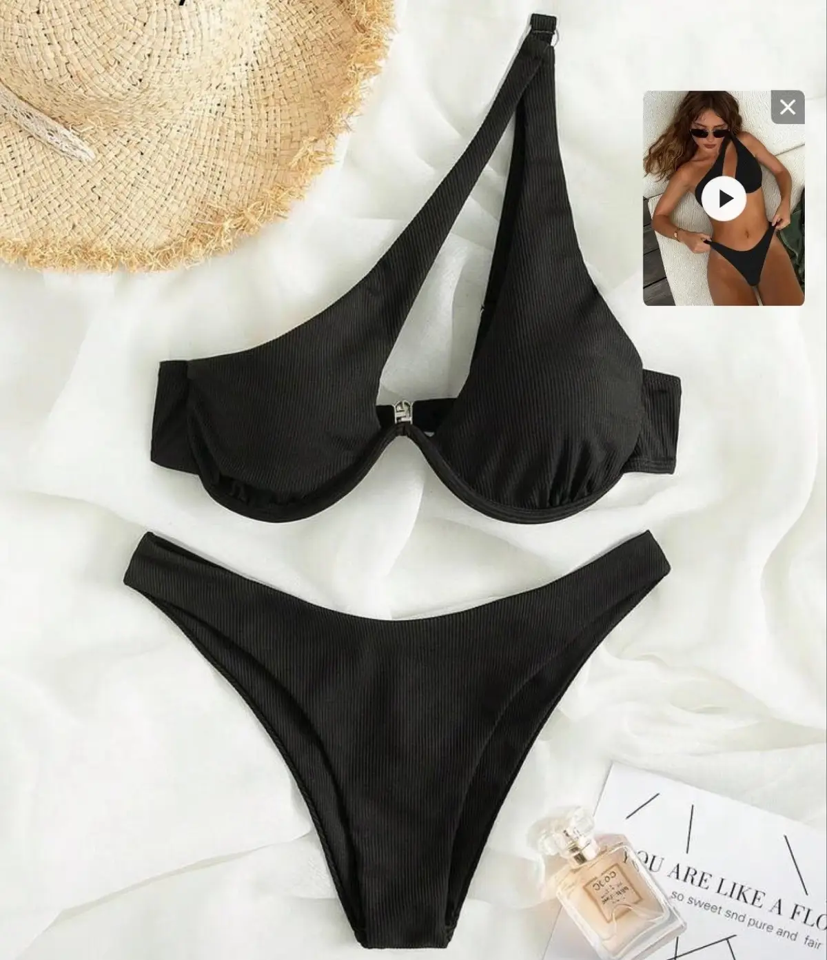 SHEIN Black Ribbed One-Shoulder Bikini Set