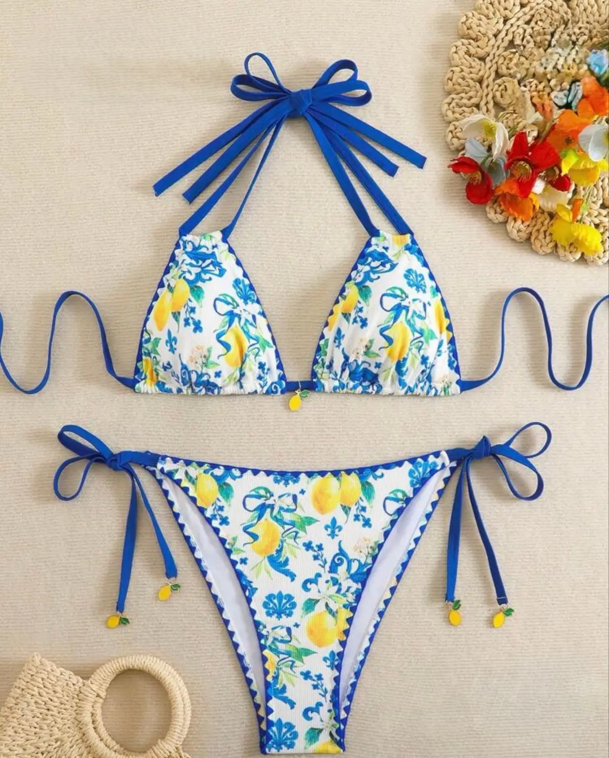Shein Lemon Blue Floral Print Bikini Set