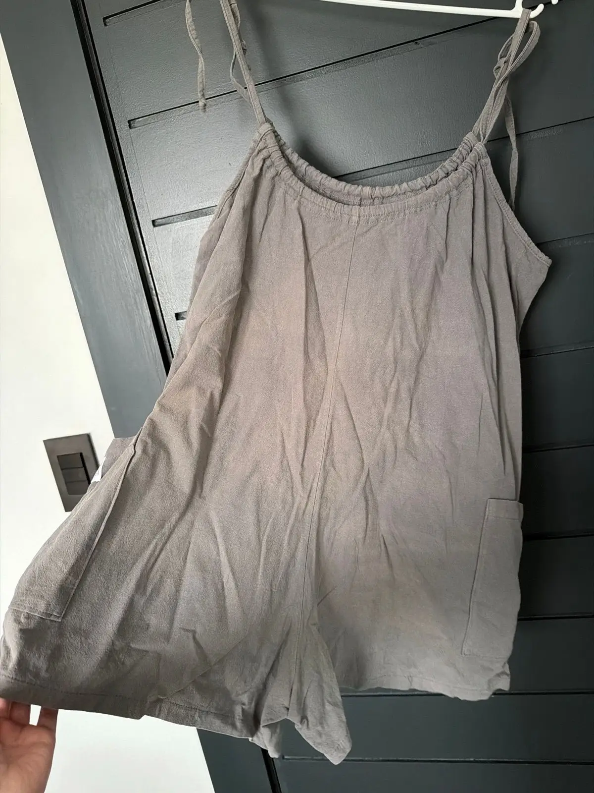 Grey Tie-Strap Romper with Side Pockets