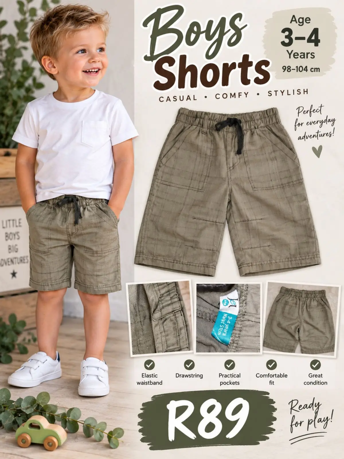 Jet Boys Green Checkered Shorts 3-4 Years
