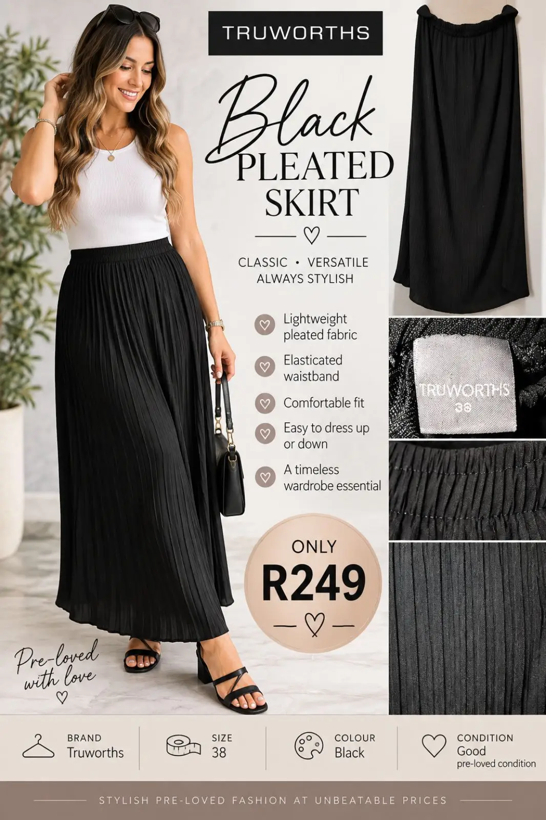 Truworths Black Pleated Skirt Size 38