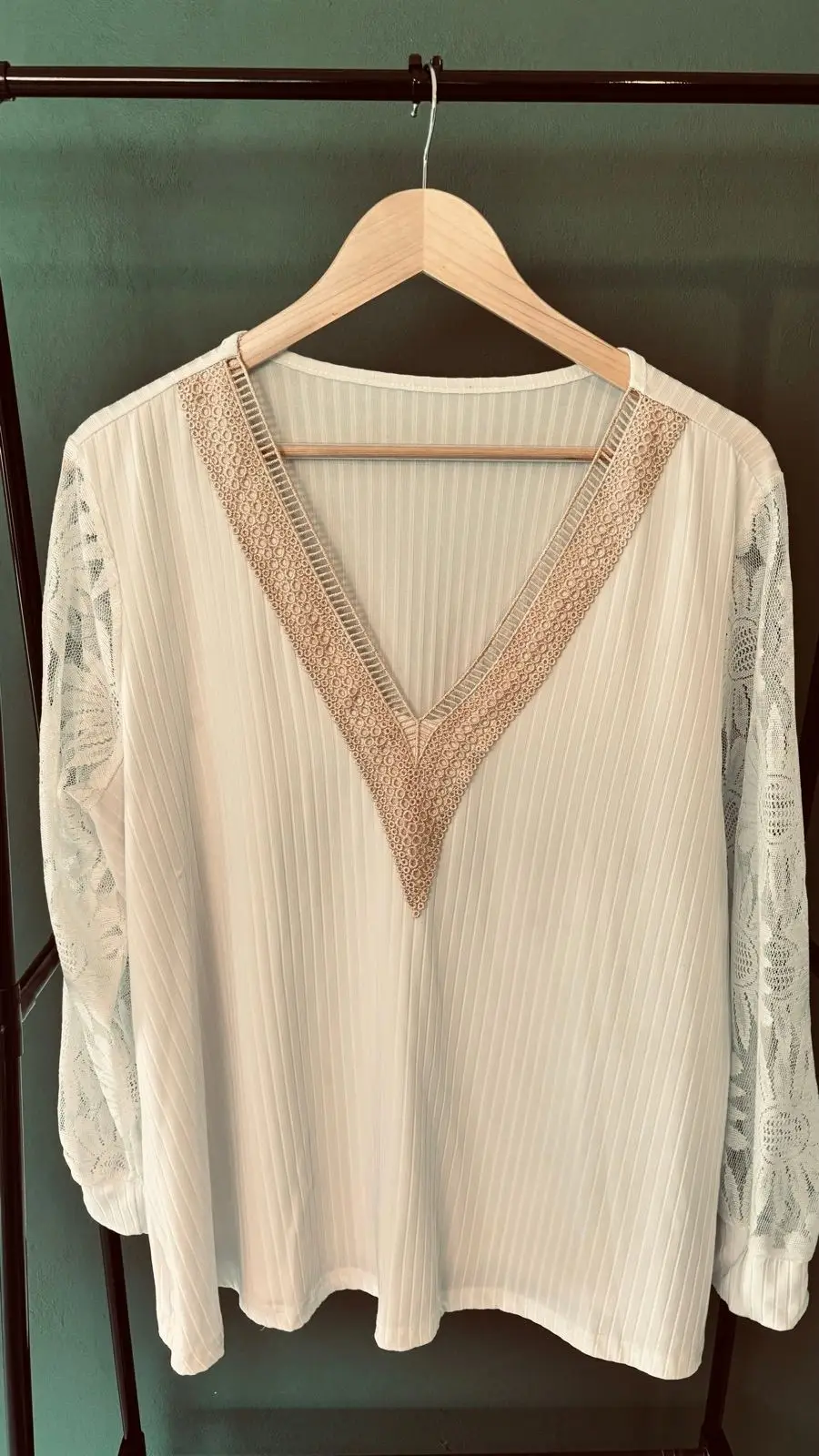 Shein White V-Neck Lace Trim Top