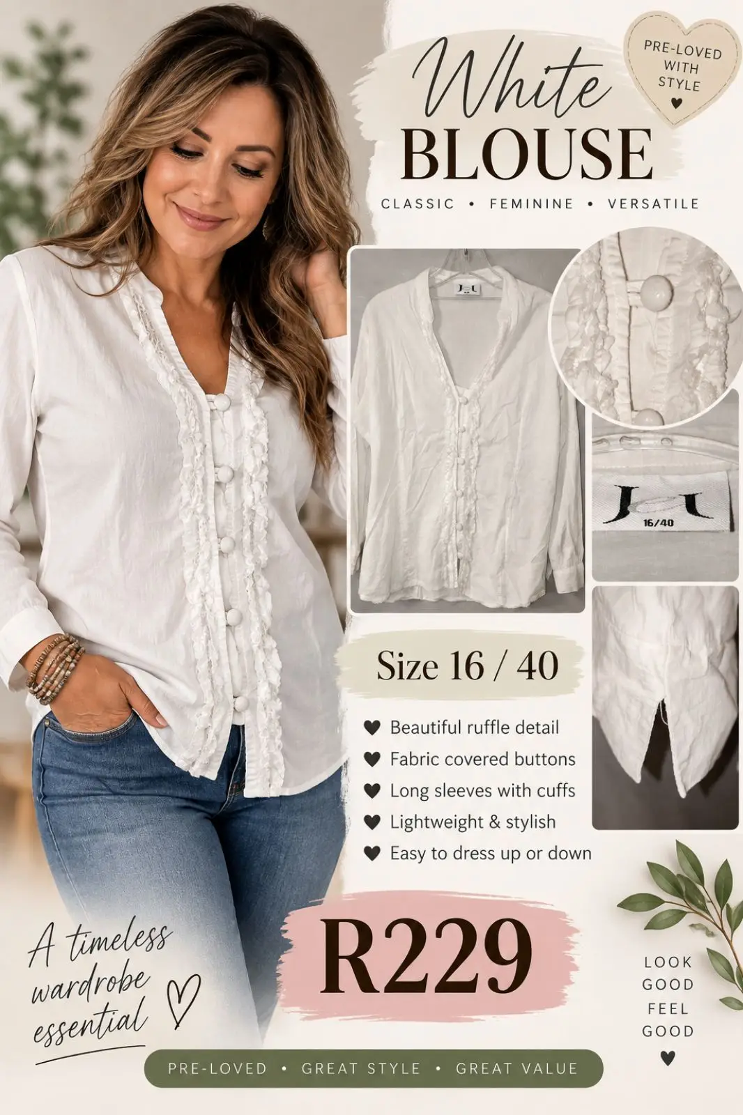 Jet White Ruffled Button-Down Blouse