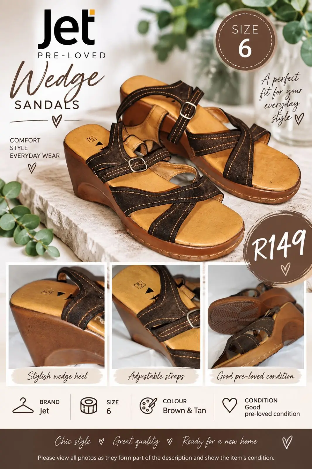 Jet Brown and Tan Wedge Sandals Size 6