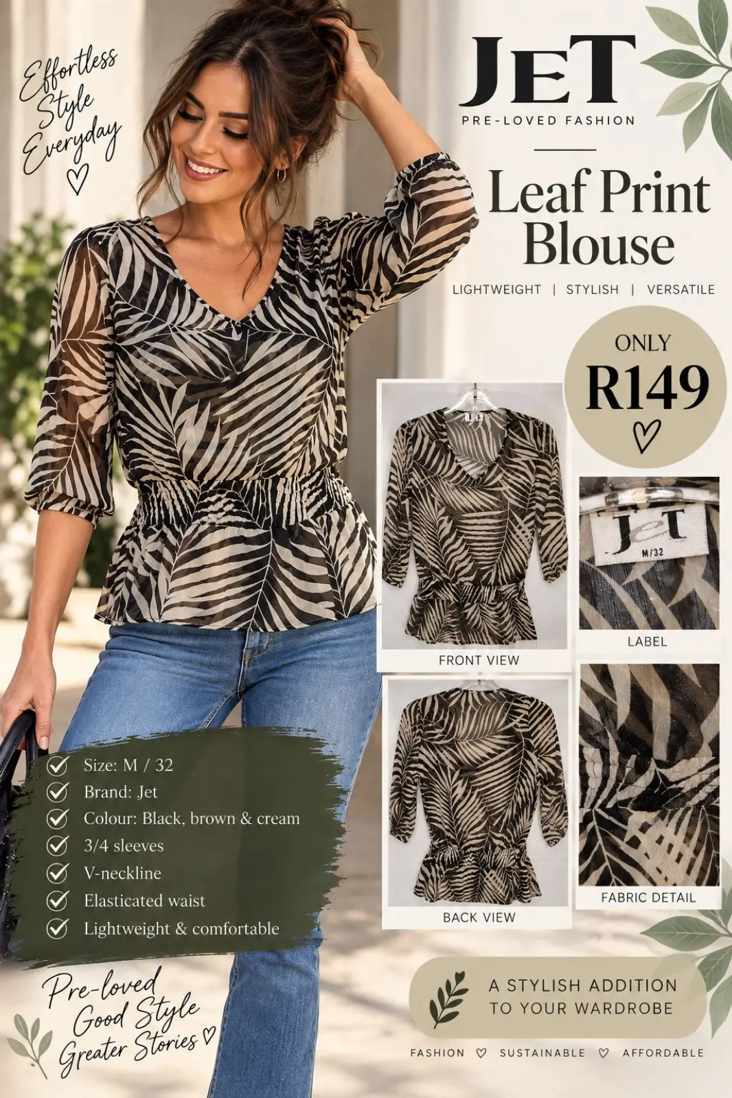 Jet Leaf Print Blouse Black Brown Cream Size M 32