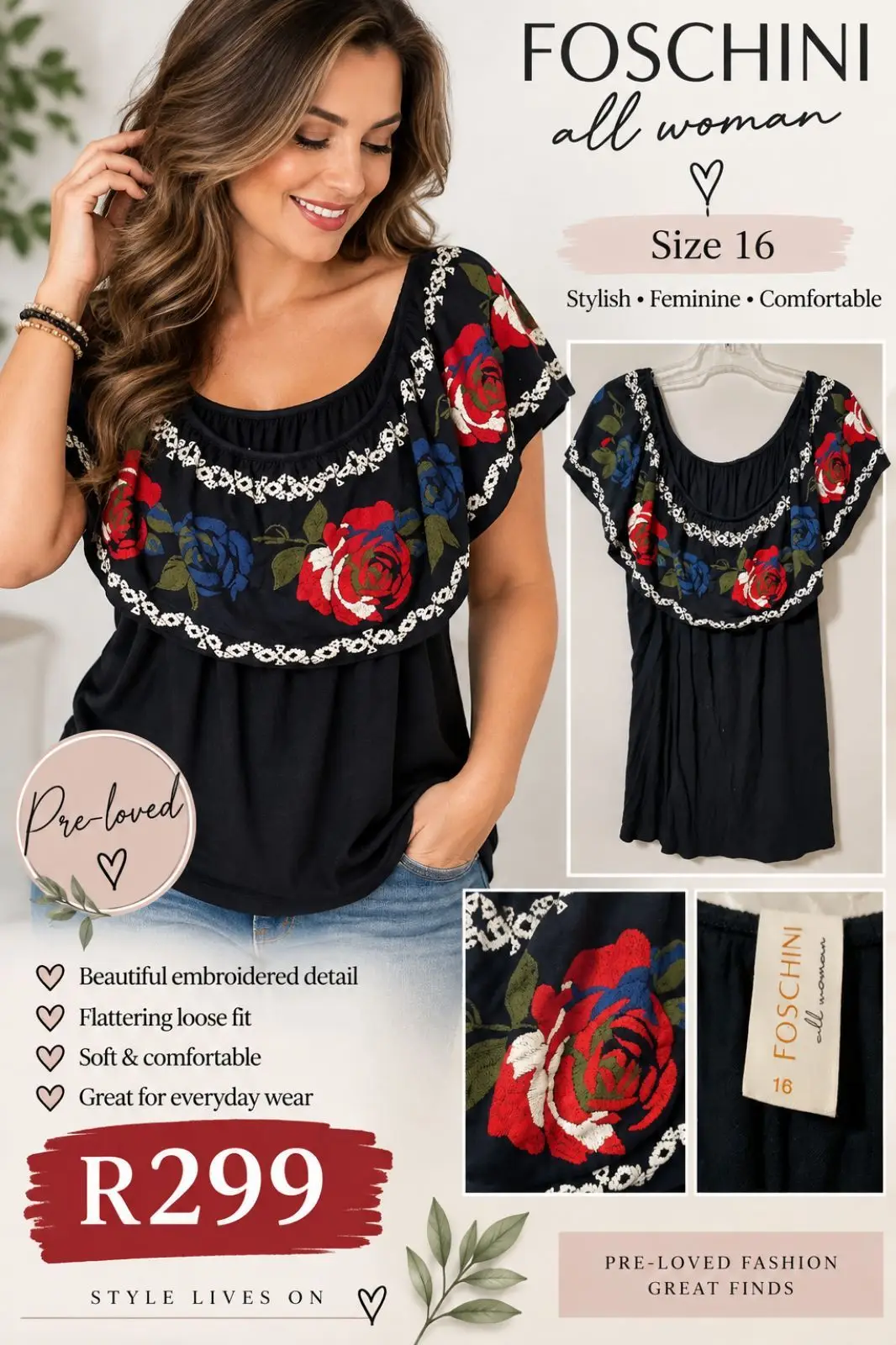 Foschini Embroidered Floral Black Top Size 16