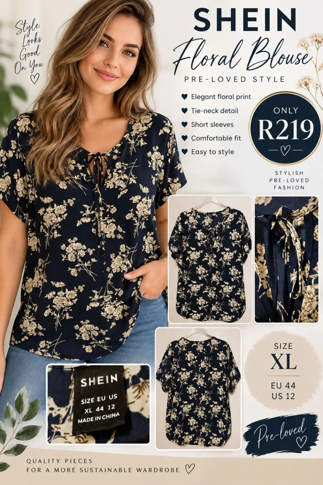 Shein Floral Print Tie-Neck Blouse