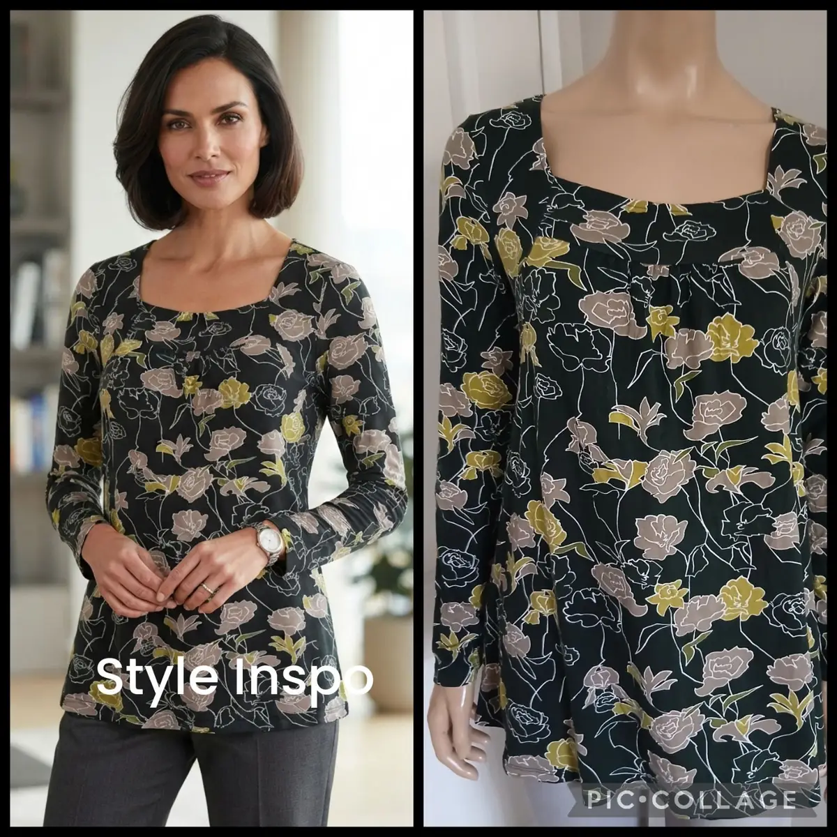 Floral Print Long Sleeve Square Neck Top