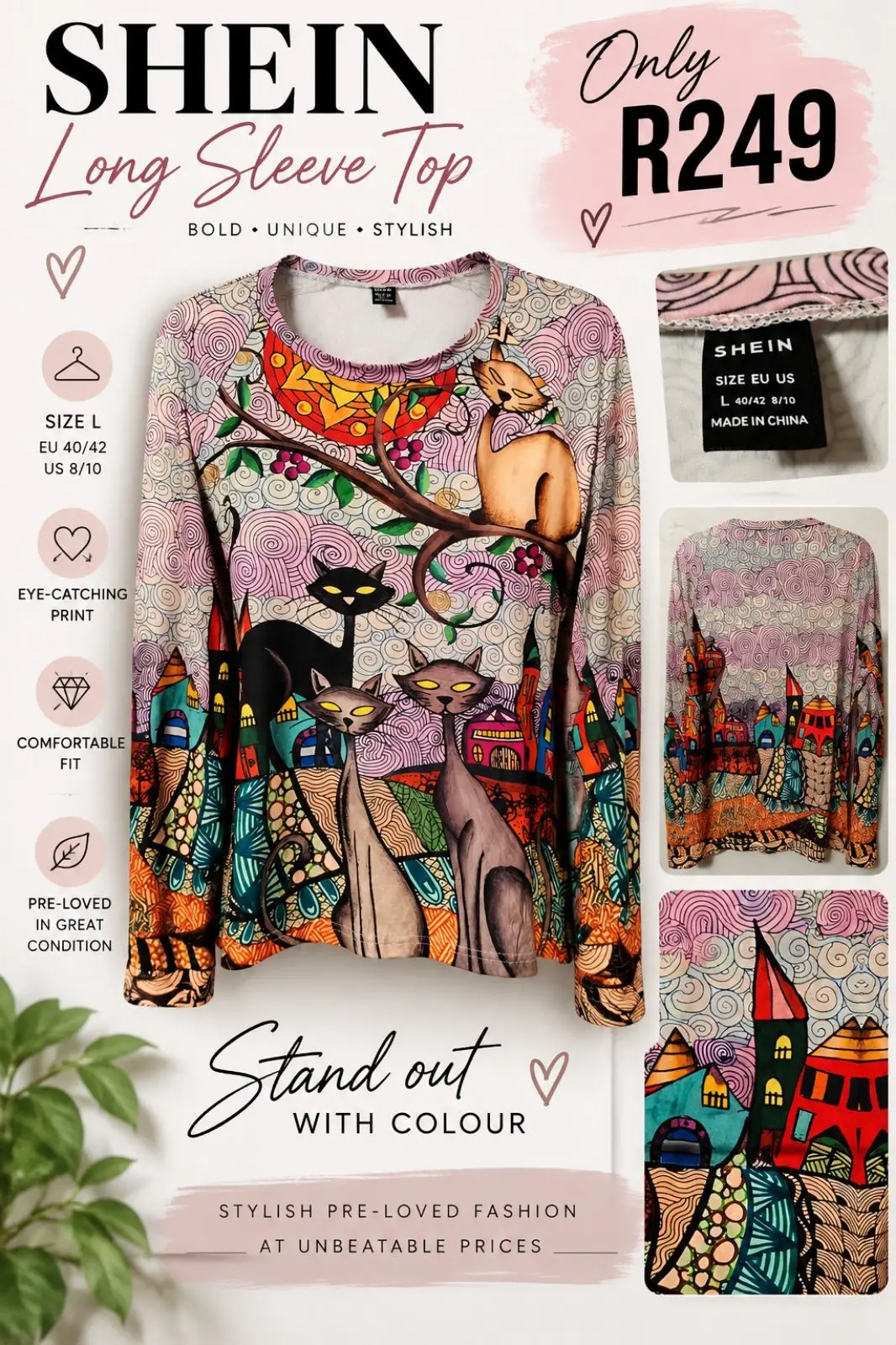 SHEIN Long Sleeve Top Cat Print Size L