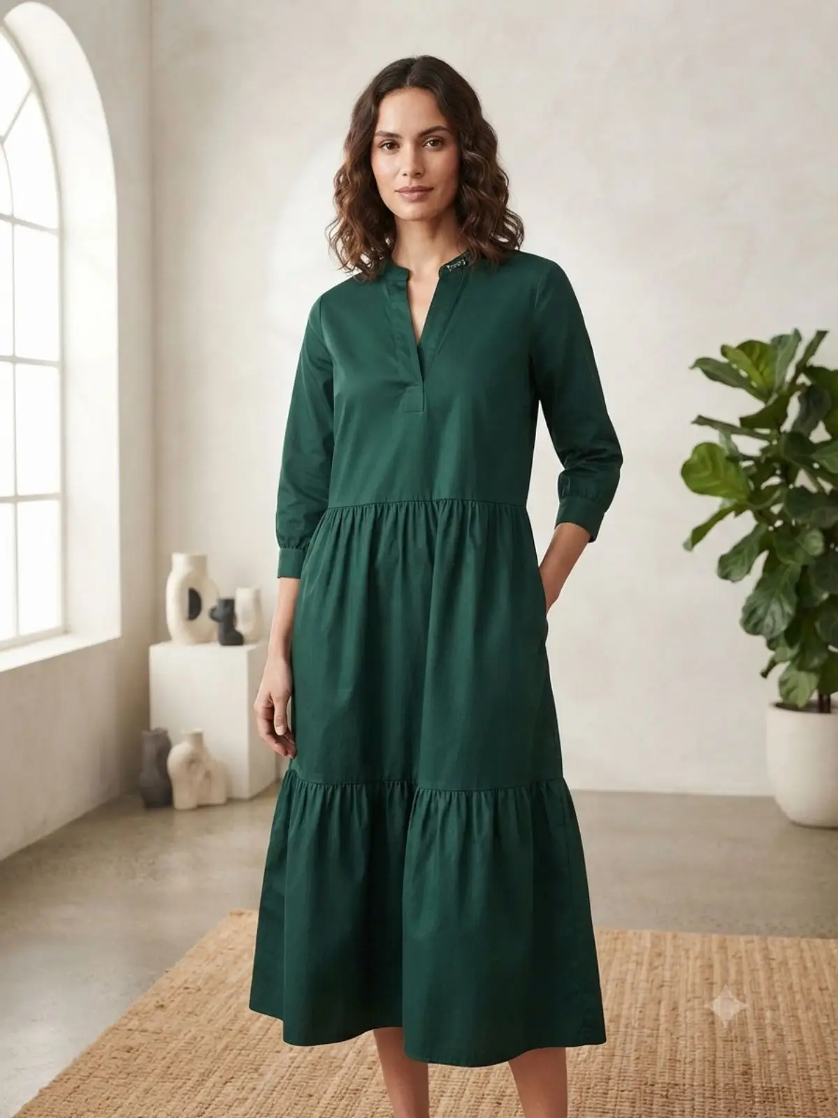 Poetry Dark Green Tiered Midi Dress