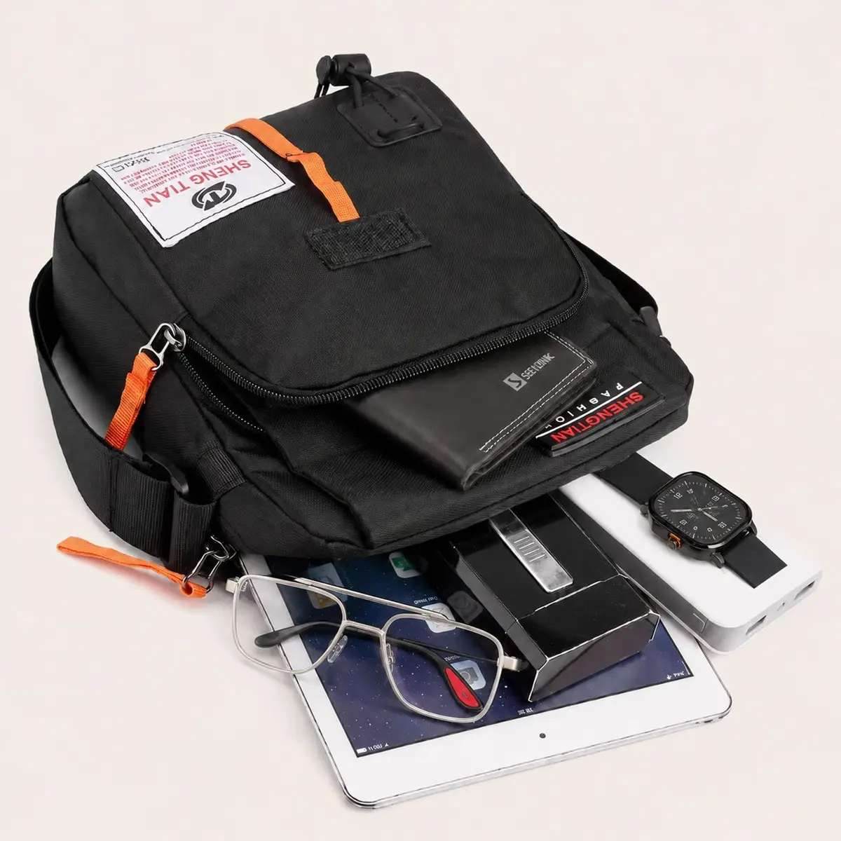 Black Crossbody Bag with Orange Accents