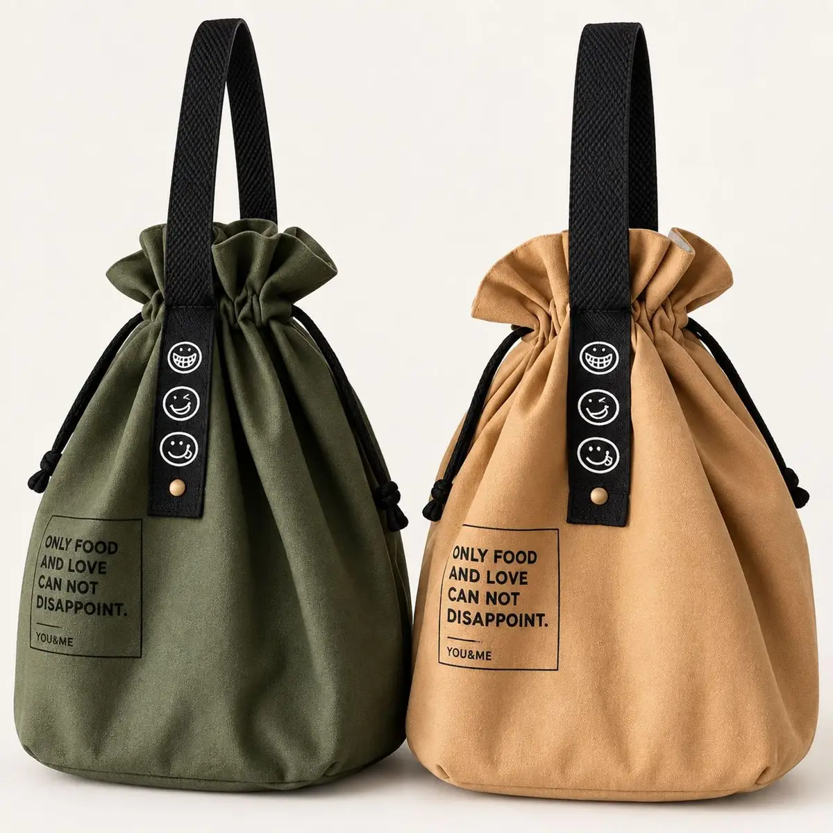 Green Drawstring Bucket Bag with Quote Print