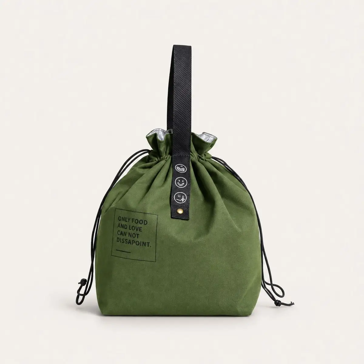 Green Drawstring Bucket Bag with Quote Print
