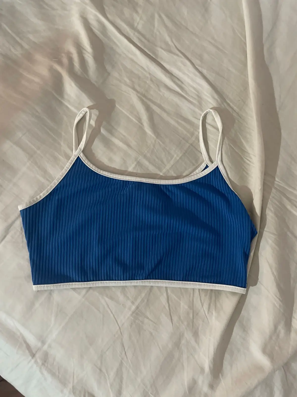 Shein Blue Ribbed Crop Top with White Trim