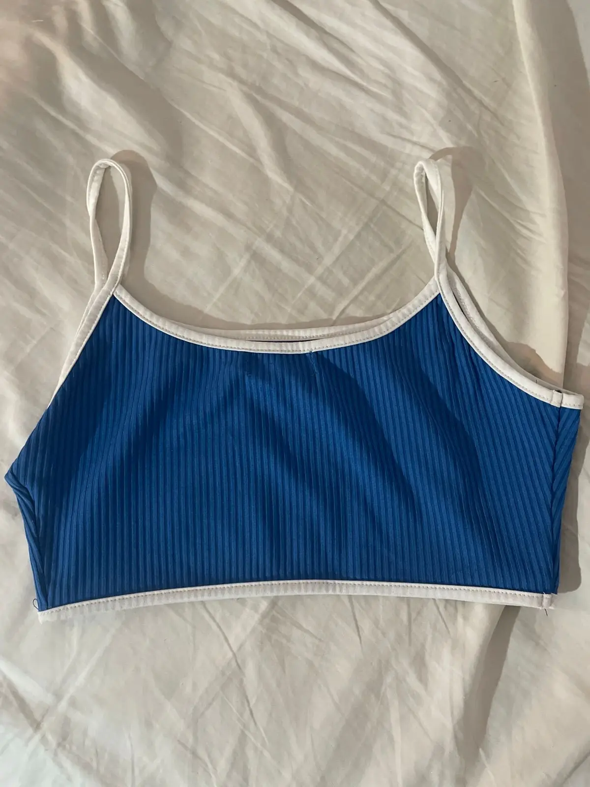 Shein Blue Ribbed Crop Top with White Trim