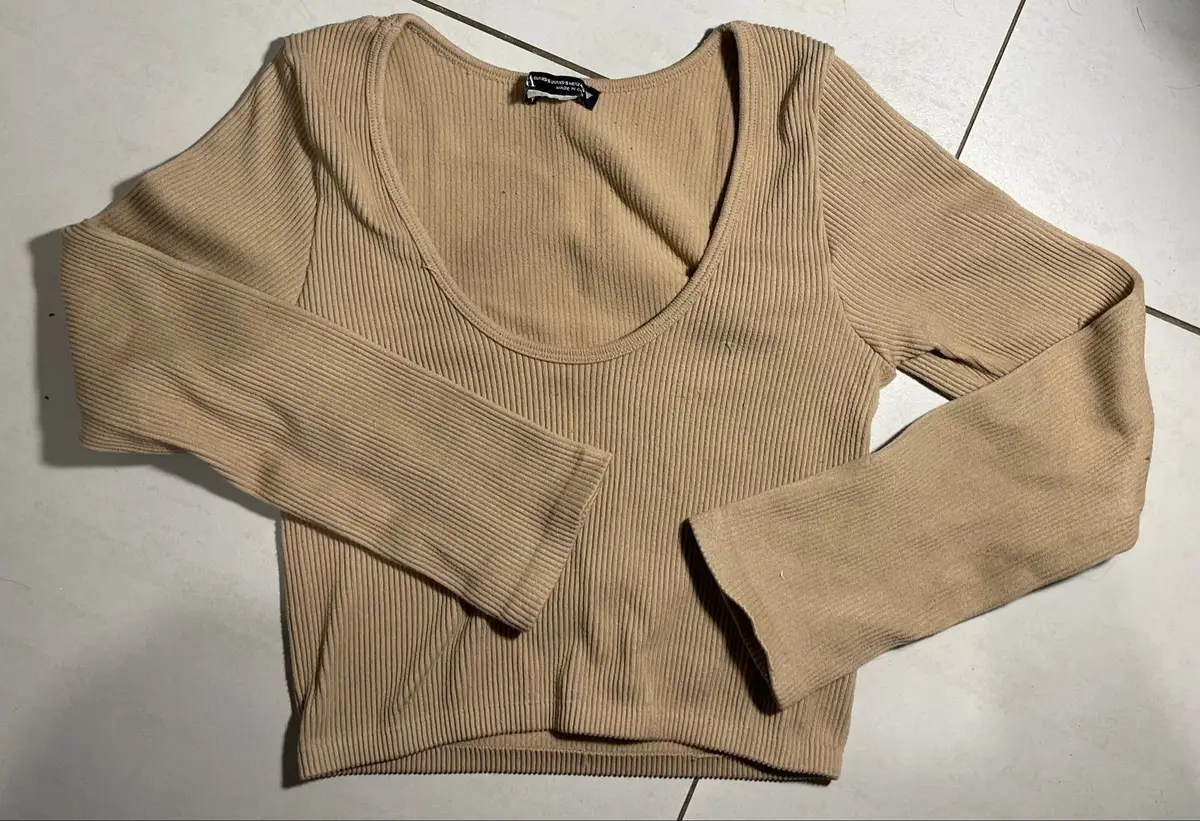 Zara Ribbed Long-Sleeve Top Beige