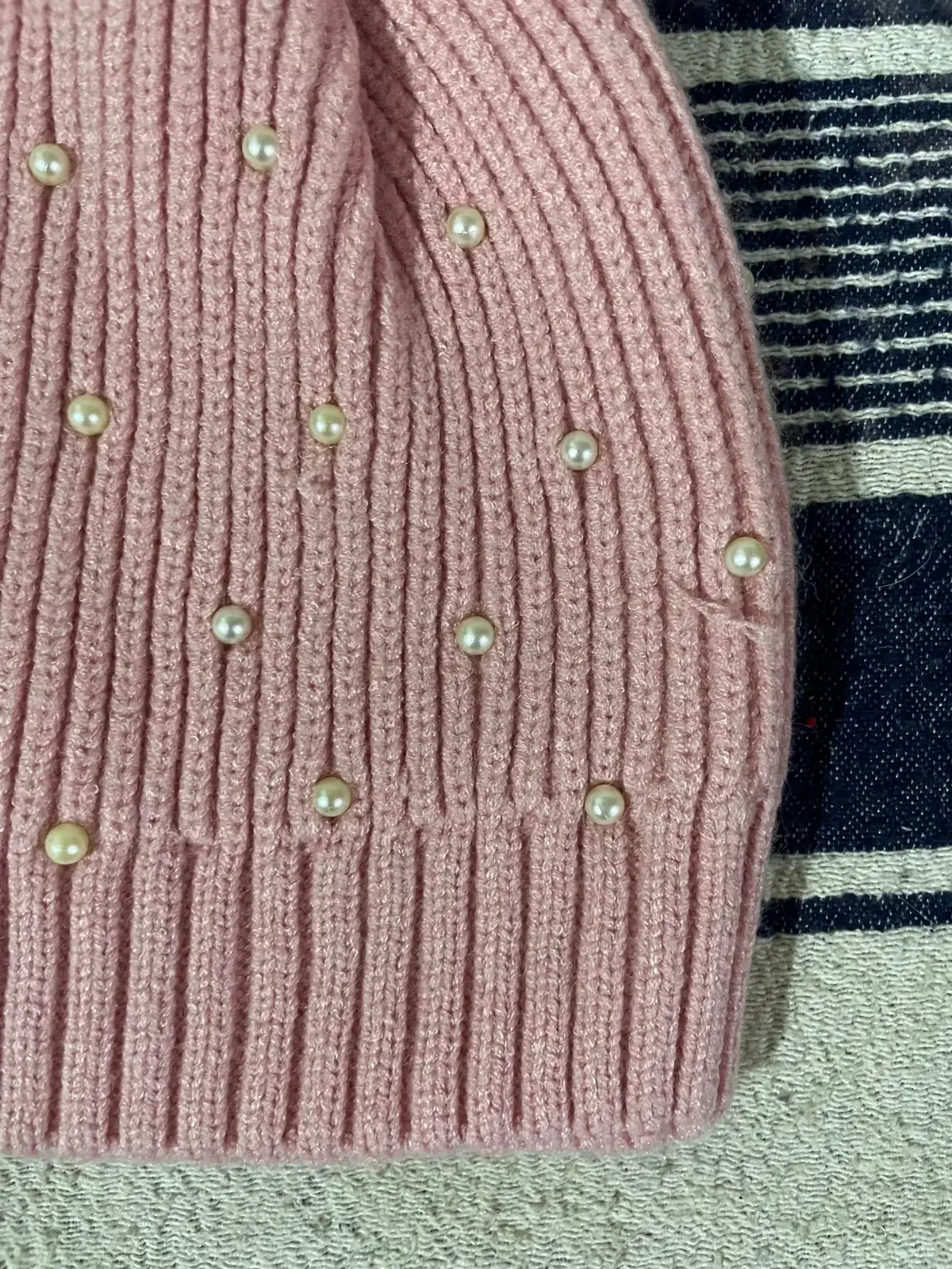 Zara Pink Pearl Beanie with Pom-Pom