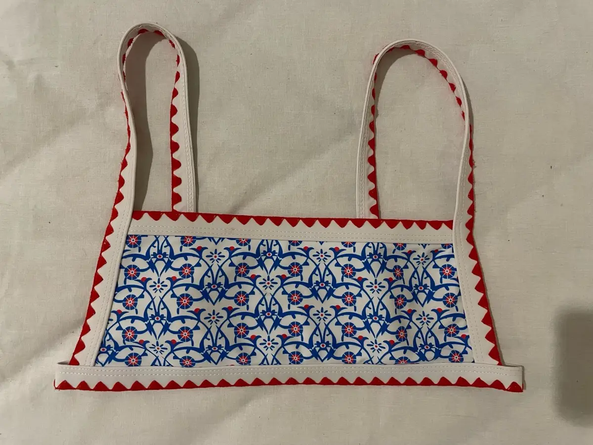 Blue and White Patterned Crop Top with Red Trim