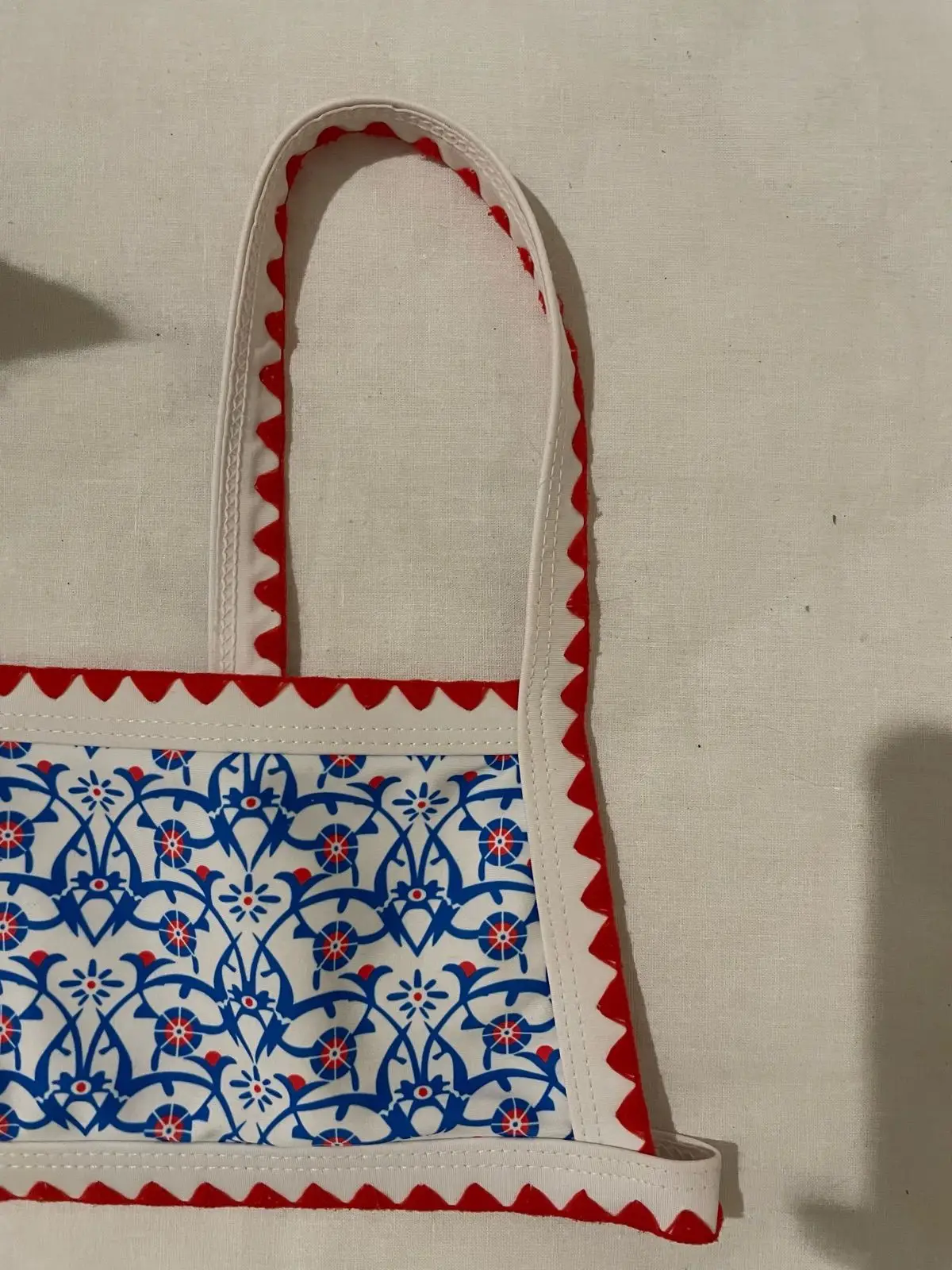Blue and White Patterned Crop Top with Red Trim