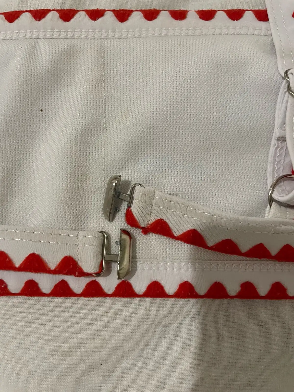 Blue and White Patterned Crop Top with Red Trim