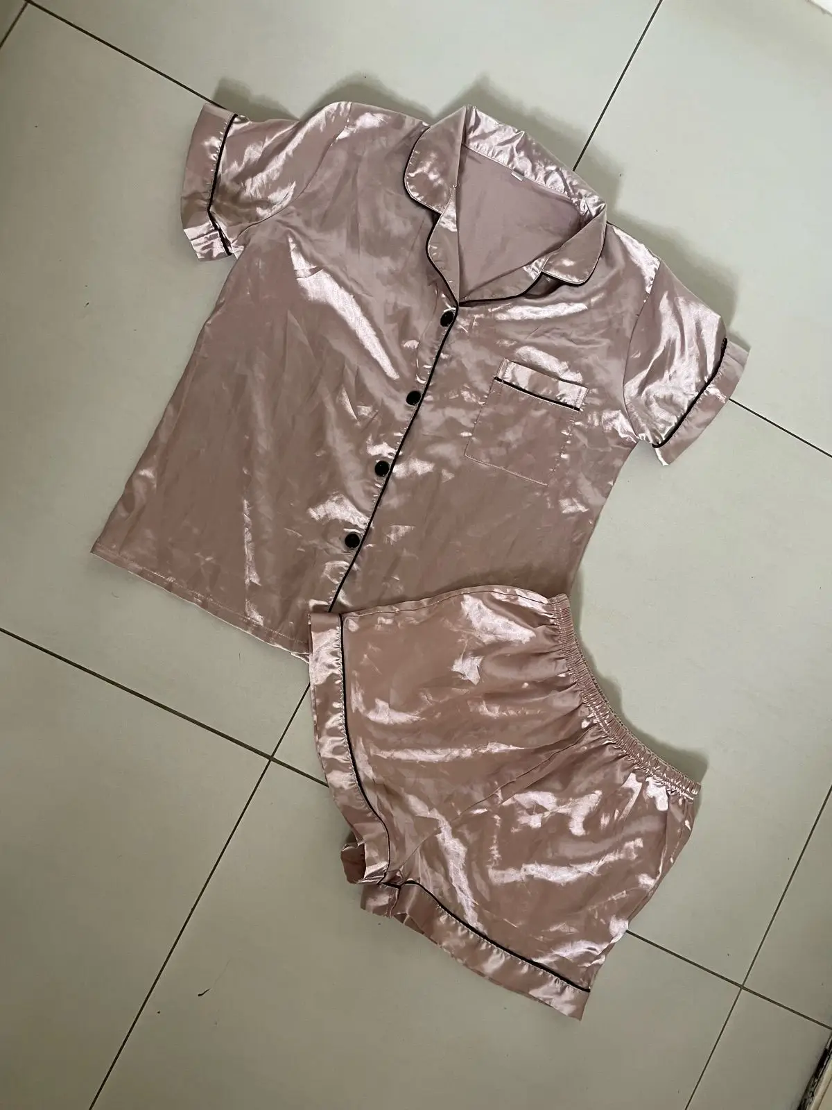 Pink Satin Short Sleeve Pajama Set