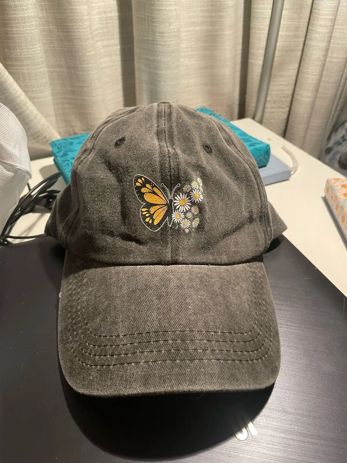 Shein Butterfly Floral Embroidered Distressed Cap