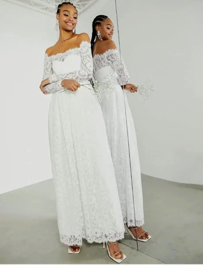 Asos White Off-The-Shoulder Lace Wedding Dress
