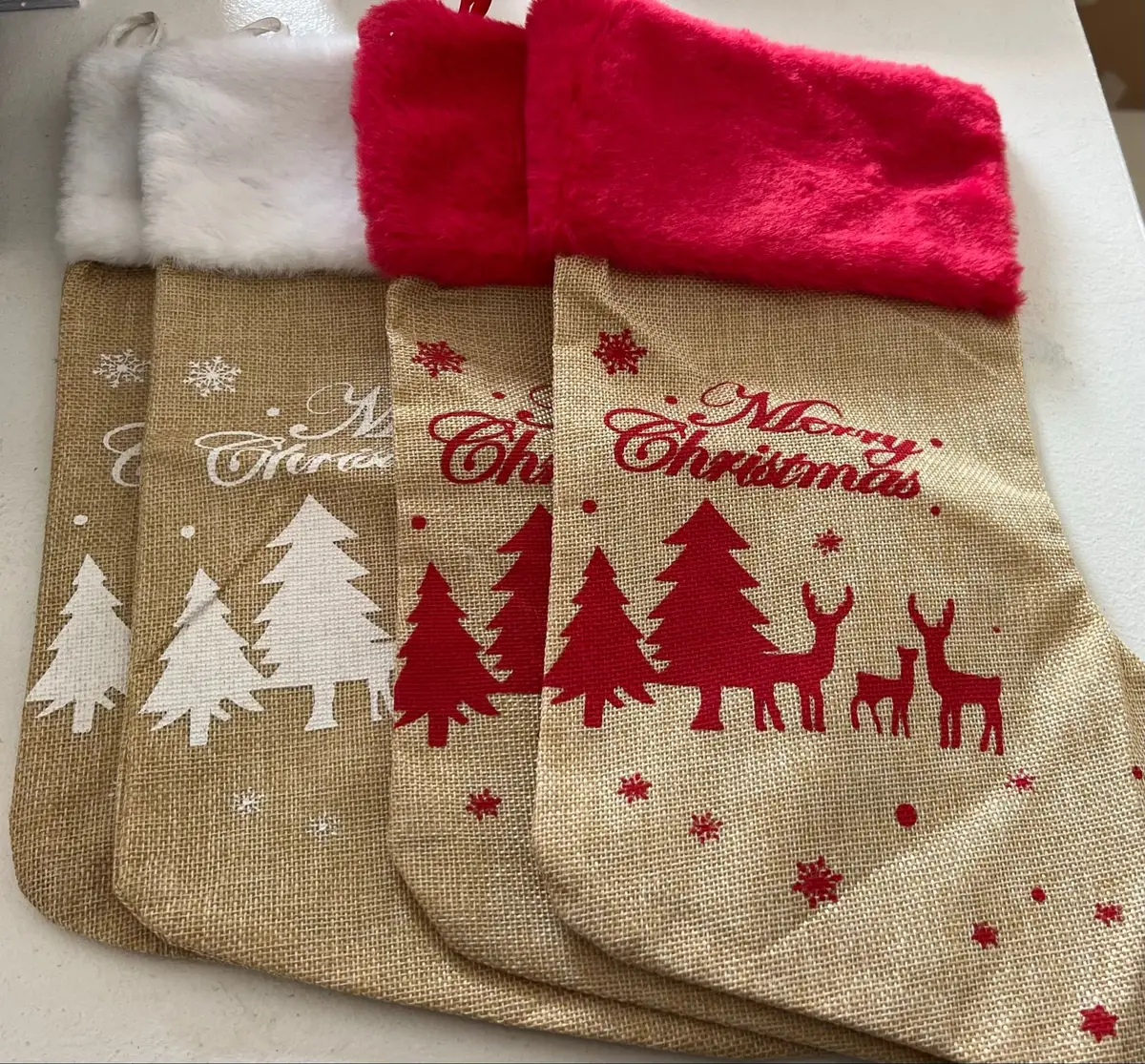 Burlap Christmas Stocking with White Fur Trim