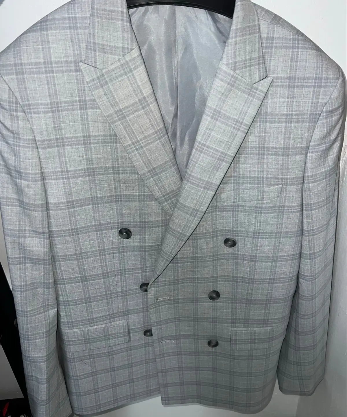 Woolworths Grey Plaid Double-Breasted Suit Jacket