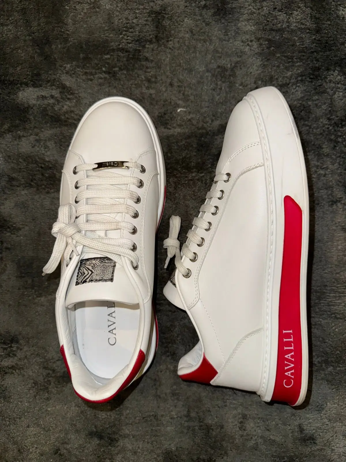 Roberto Cavalli White Leather Sneakers Red Heel