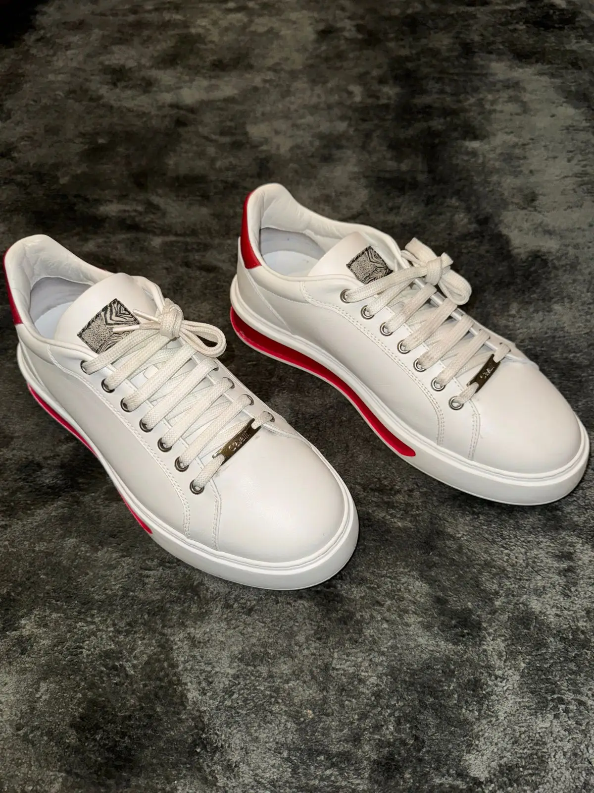 Roberto Cavalli White Leather Sneakers Red Heel