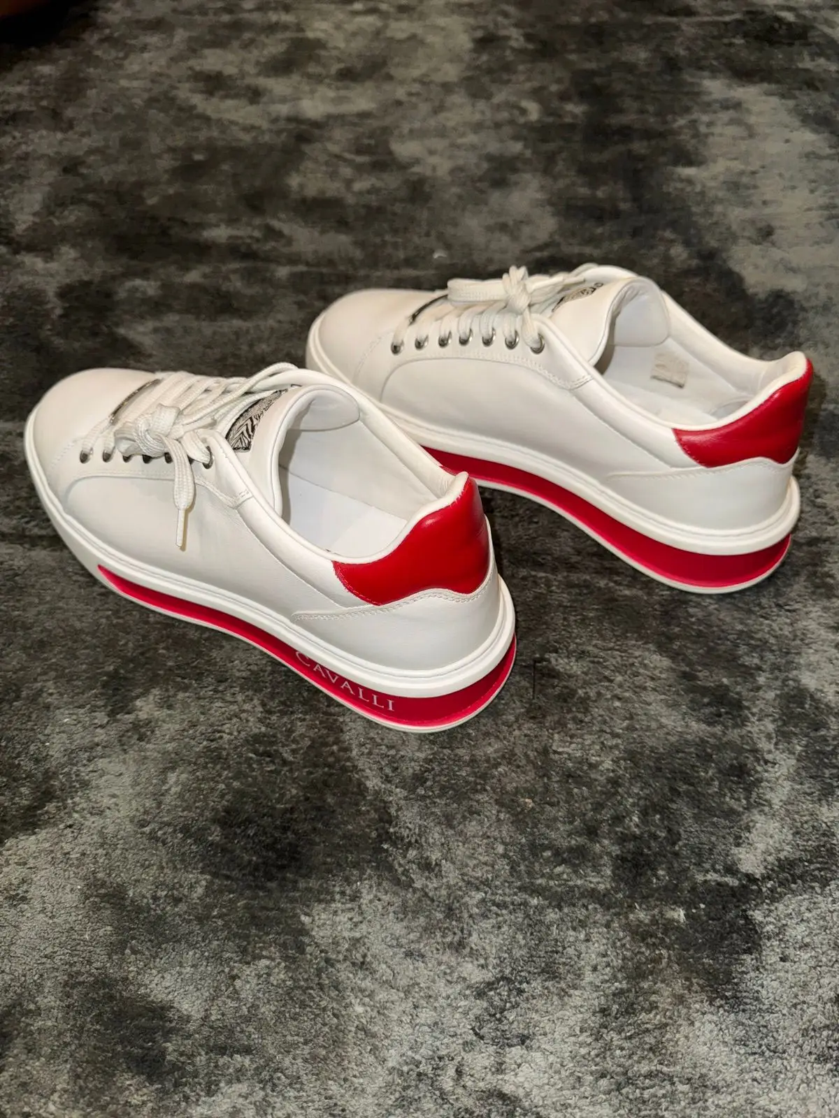 Roberto Cavalli White Leather Sneakers Red Heel