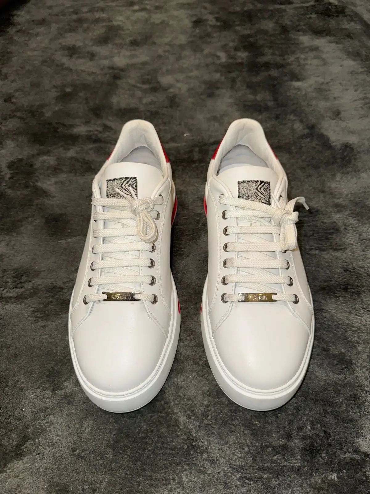 Roberto Cavalli White Leather Sneakers Red Heel