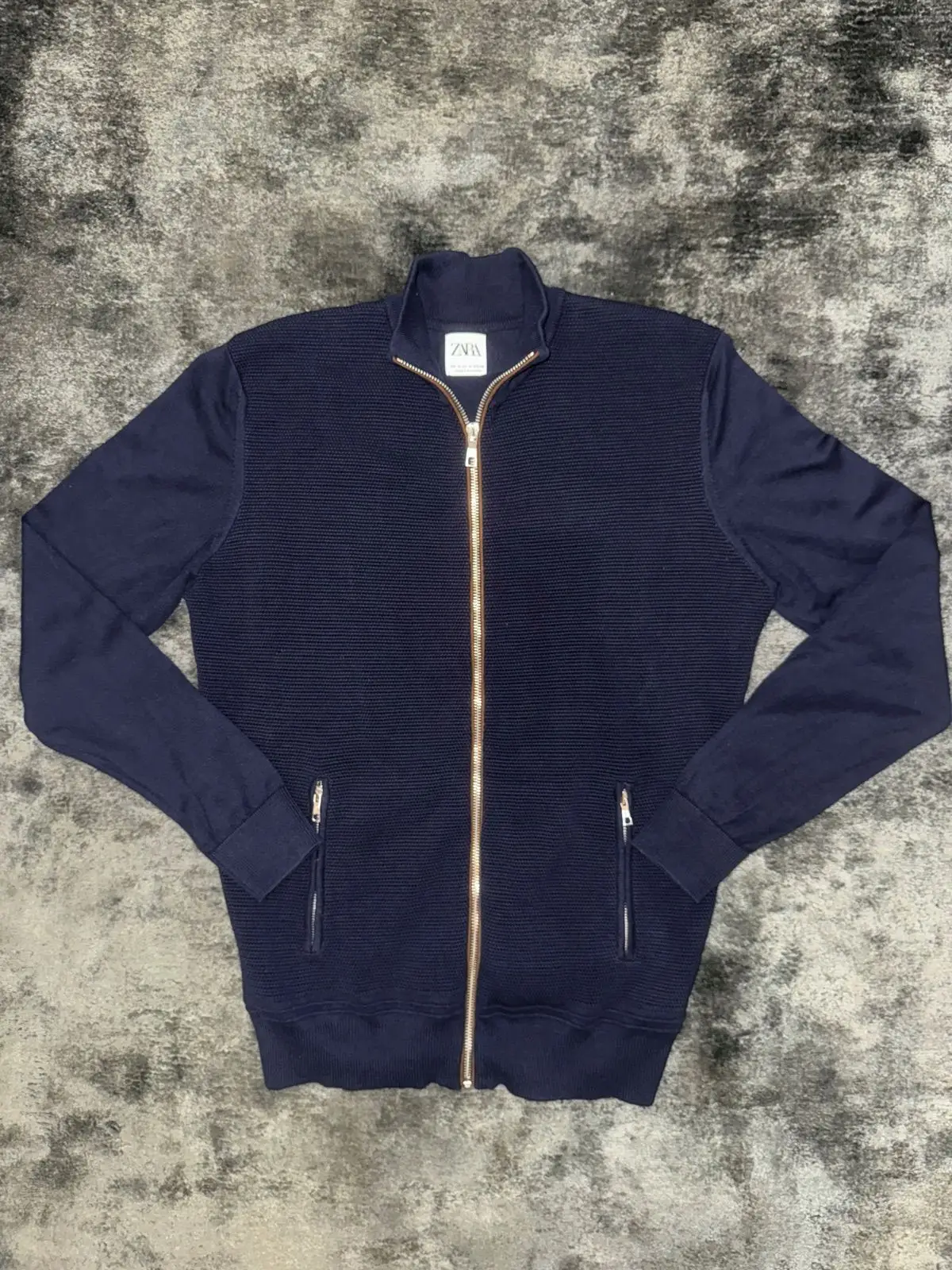 Zara Navy Zip Cardigan with Textured Knit