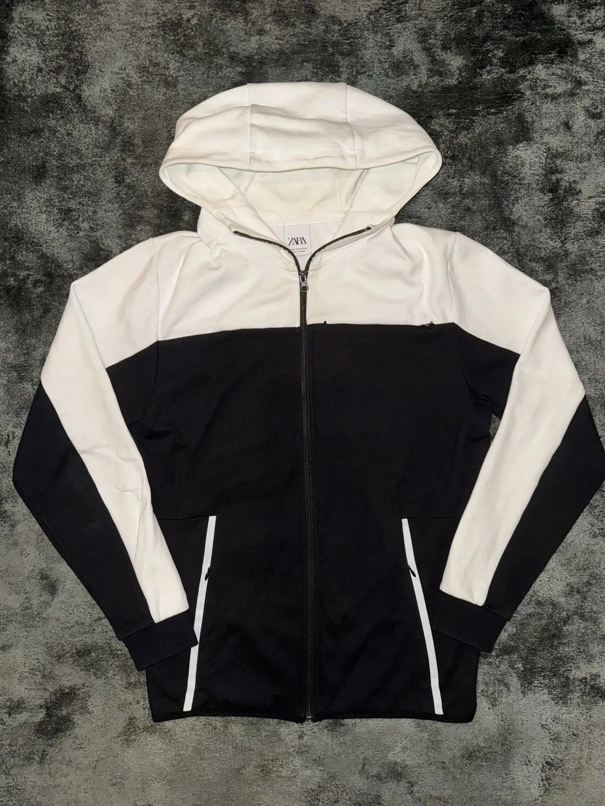 Zara White & Black Colour-Block Zip Hoodie M