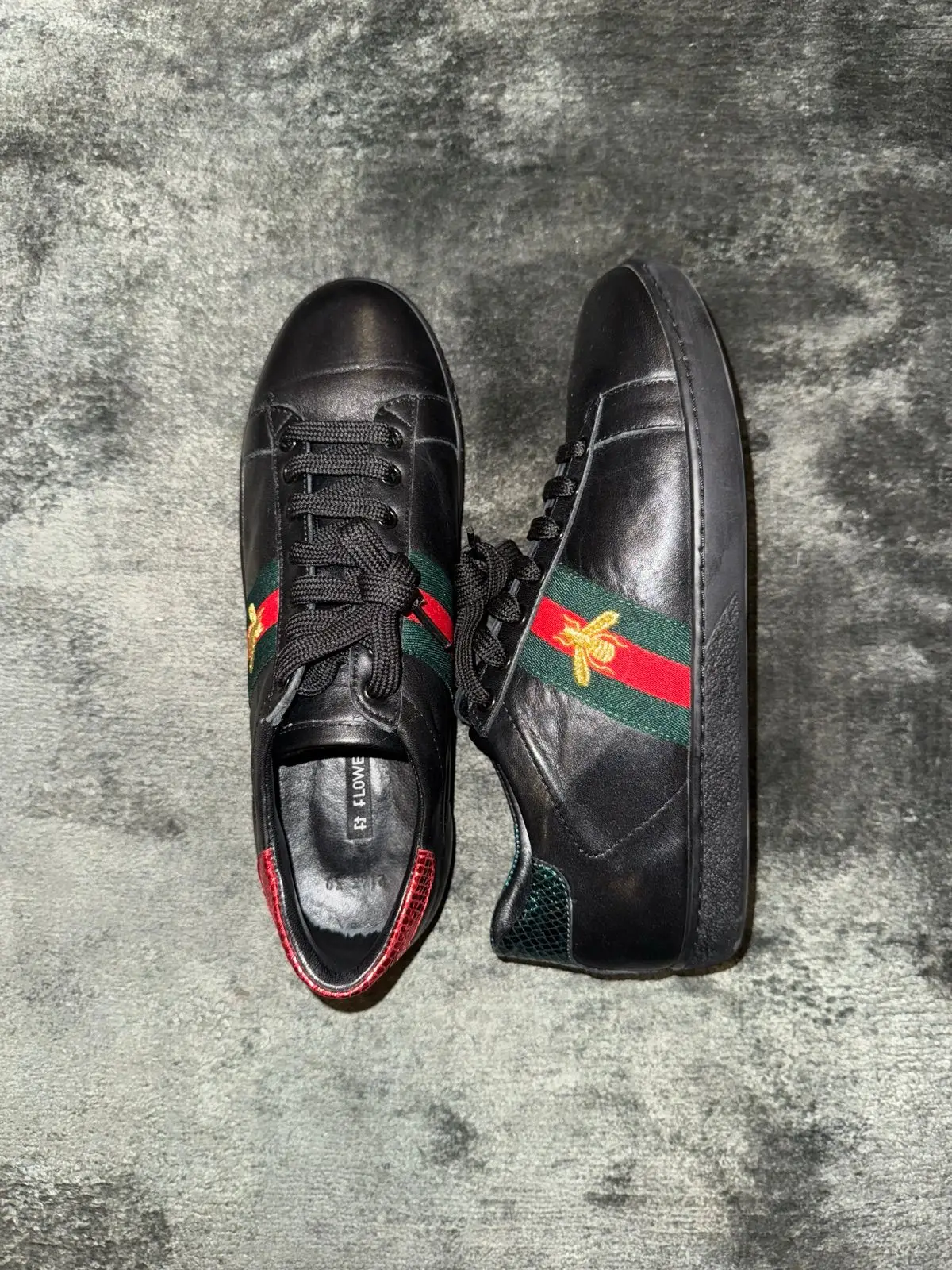Black Leather Sneakers Red-Green-Yellow Stripe Bee