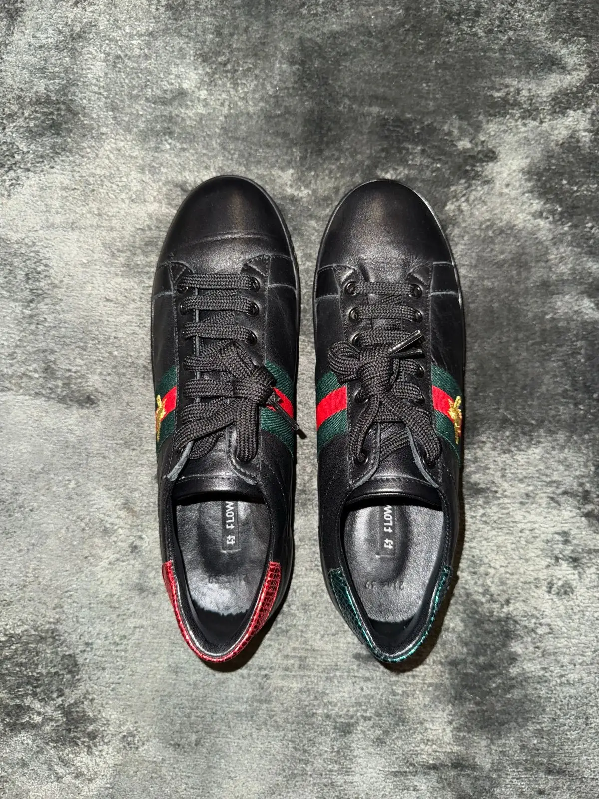 Black Leather Sneakers Red-Green-Yellow Stripe Bee