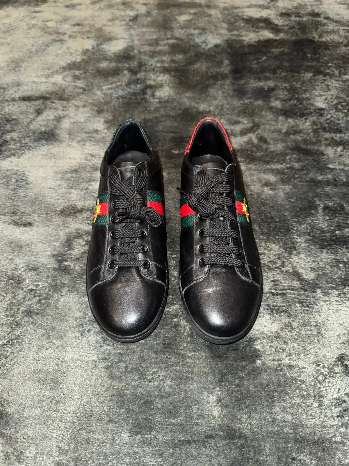Black Leather Sneakers Red-Green-Yellow Stripe Bee