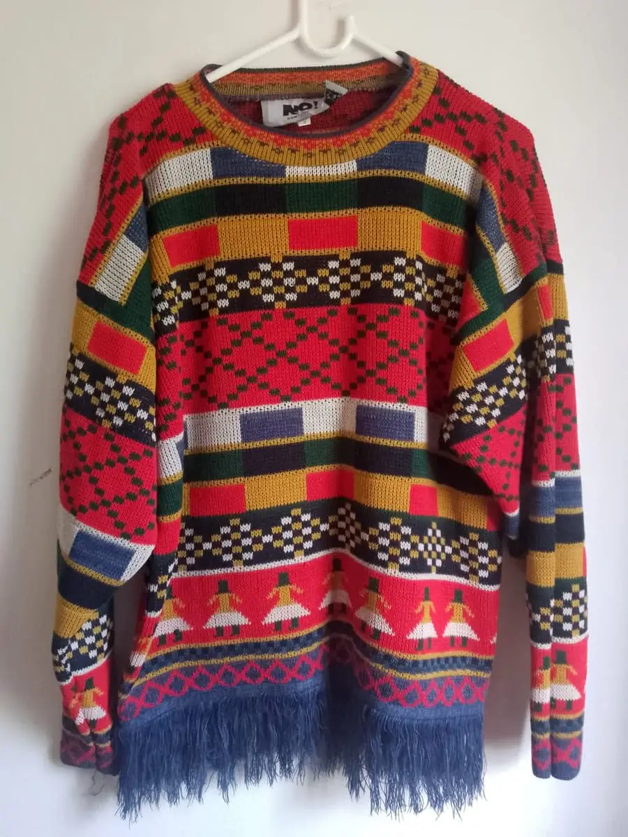 Vintage 80s/90s "NO! Don't Go" Chunky Geometric Knit Fringe Sweater - Size s