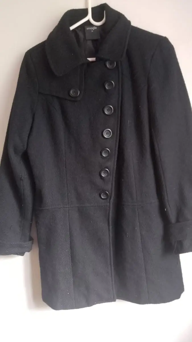 Vintage-Style Asymmetric Military Black Wool Blend Coat - Image (Size 34)