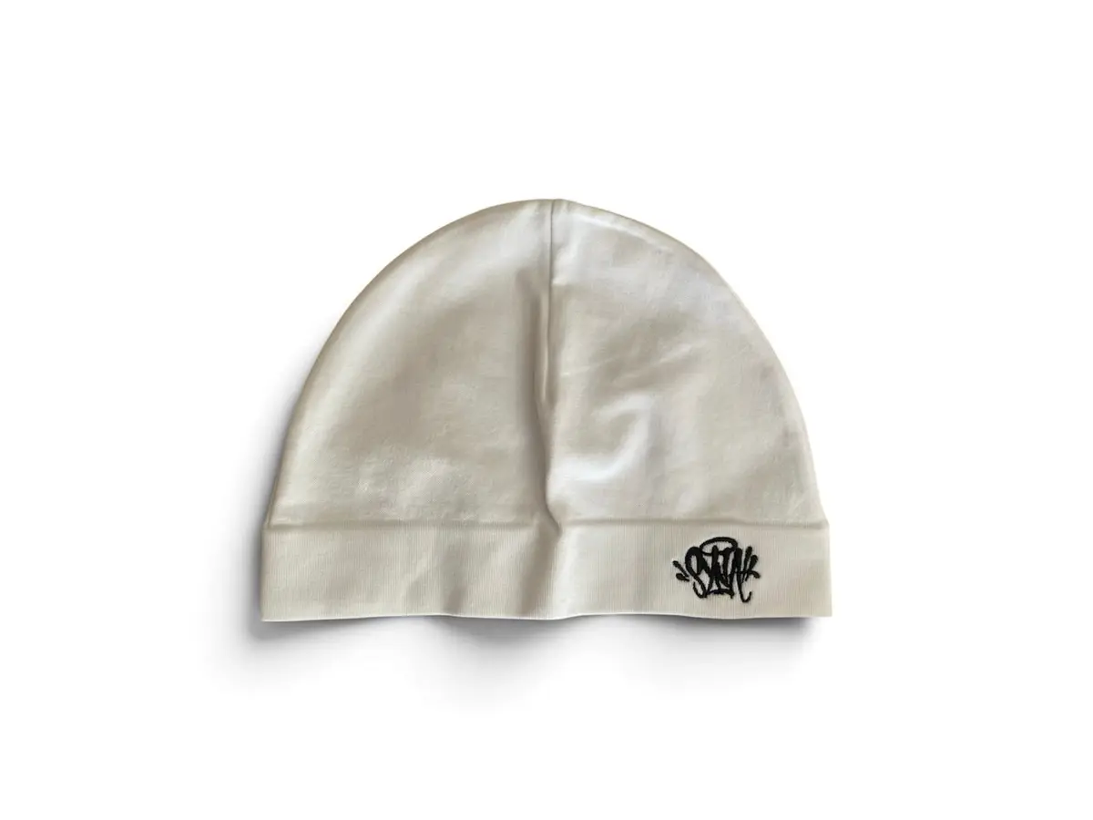 White Beanie with Black Embroidery