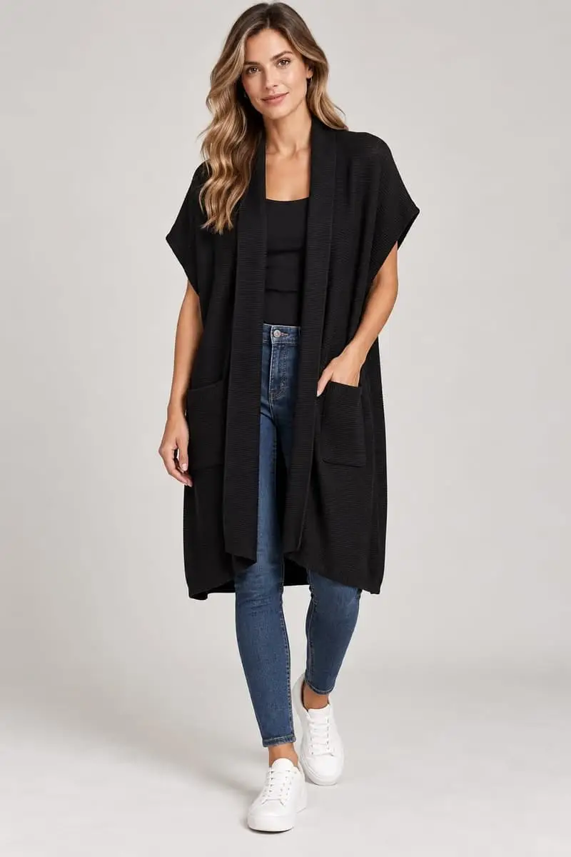 Woolworths Black Sleeveless Knit Cardigan Vest (Size XL) - Cotton Blend