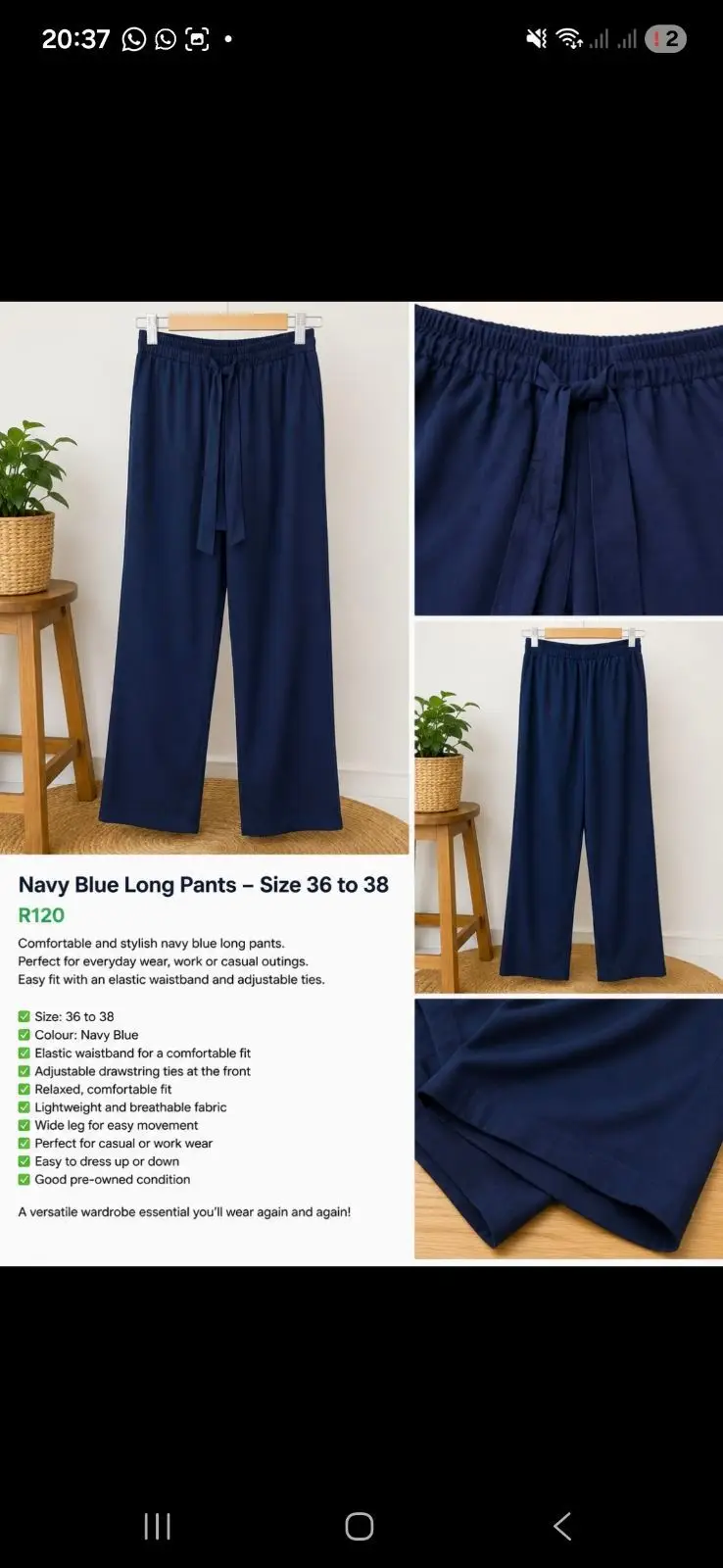 Navy Blue Wide Leg Pants Size 36